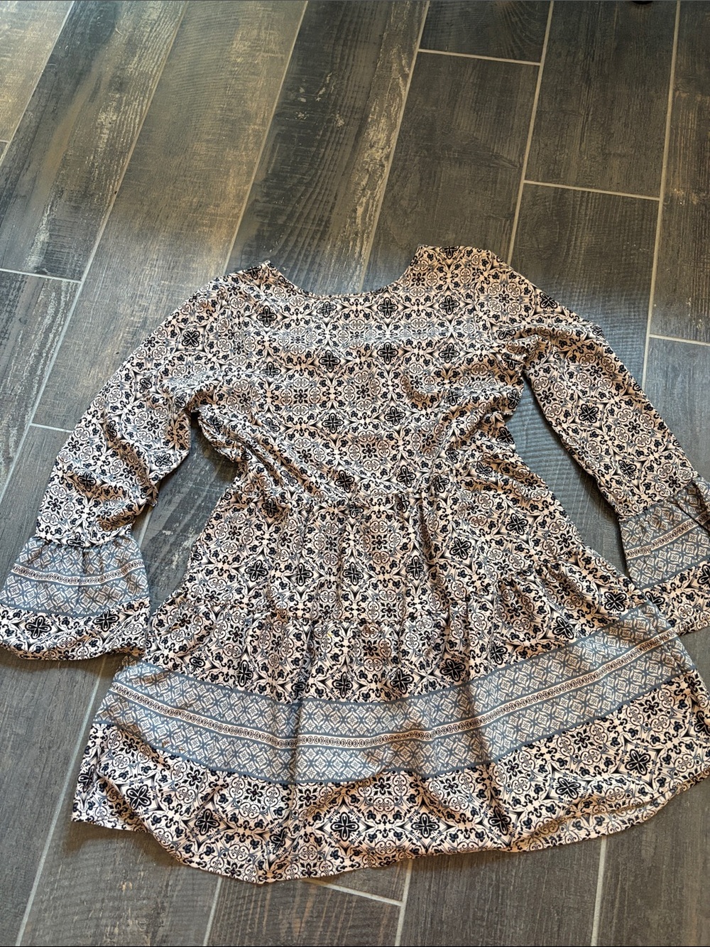 one clothing Beige and Black Printed Long Sleeve Tiered Dress